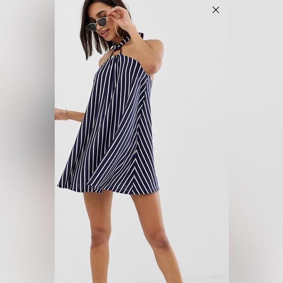 ASOS DESIGN Mini Halter Swing Dress with Faux Tortoiseshell Ring Detail - Picture 2 of 4